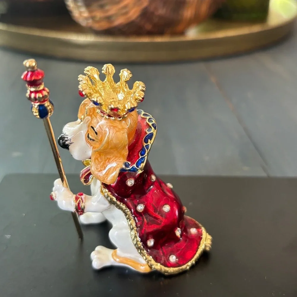 Royal Beagle Dog Enameled Jeweled Trinket Box King Hound Crown Scepter Figurine